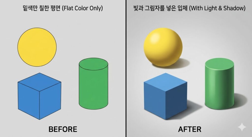 밑색만 칠한 평면과 빛과 그림자를 넣은 입체 비교 이미지.